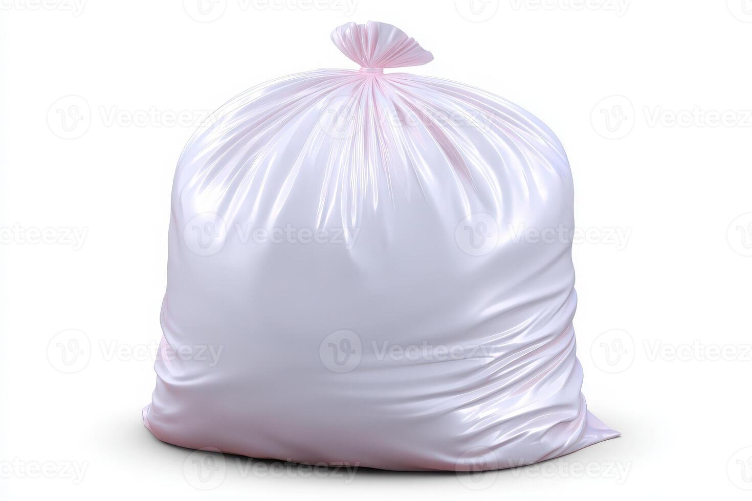 A large white garbage bag sits prominently, tied at the top, ready for waste disposal. Its presence suggests a routine clean-up effort in a tidy space. photo