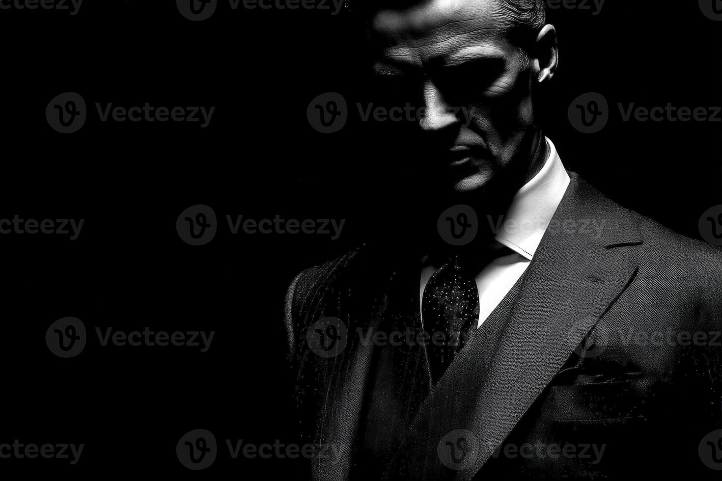 A man in a formal black suit stands in dim lighting, creating a striking silhouette. His expression is serious and contemplative, evoking a sense of intrigue and elegance. photo