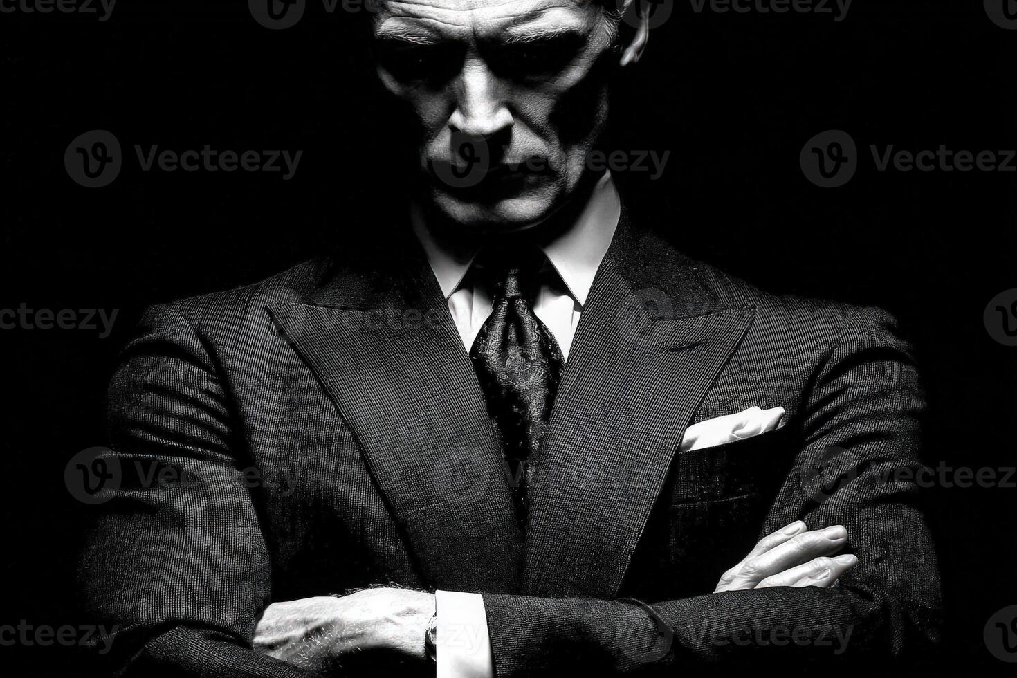 A well-dressed man stands with arms crossed, exuding confidence. He wears a sharp suit and tie, his serious expression set against a stark black background. The focus is on his posture and demeanor. photo