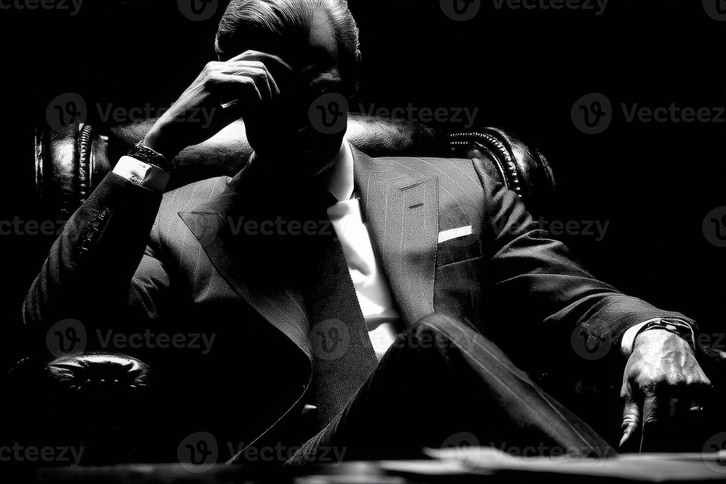 A well-dressed businessman sits in a dark leather chair, leaning forward thoughtfully with his hand on his forehead. The lighting creates a dramatic, intense mood in the room. photo