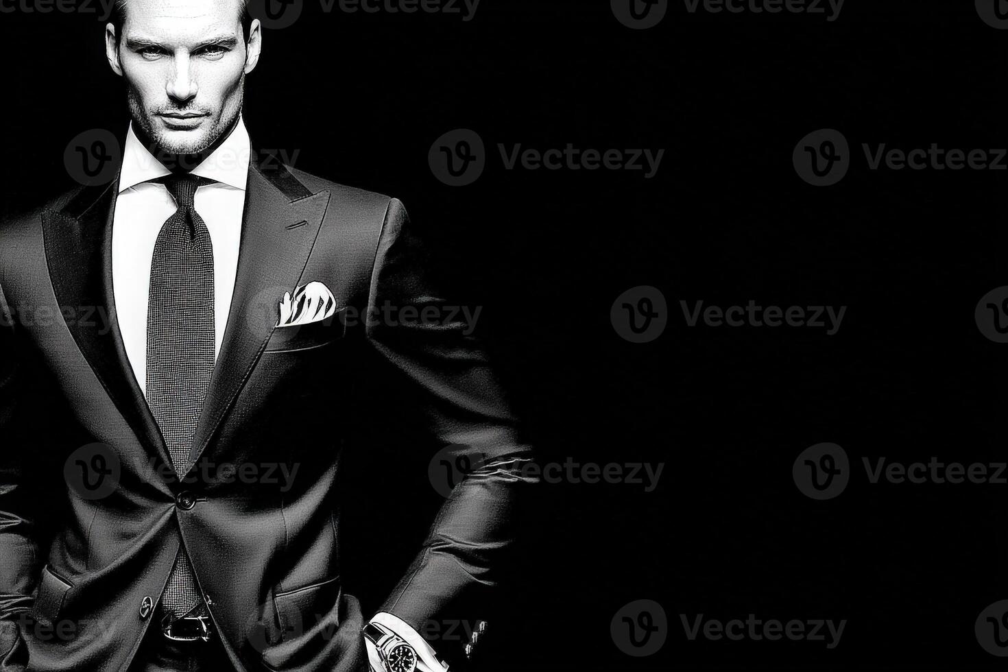 A well-dressed man stands confidently, wearing a tailored suit complete with a tie and pocket square. The dark background enhances his formal appearance and sophisticated style. photo