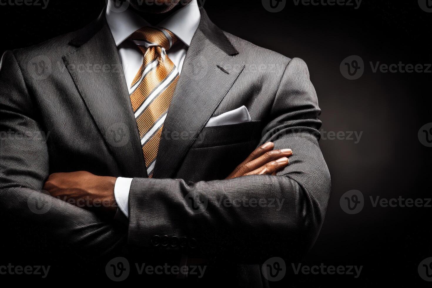 A confident businessman stands with his arms crossed, dressed in a gray suit and striped tie against a dark background. photo