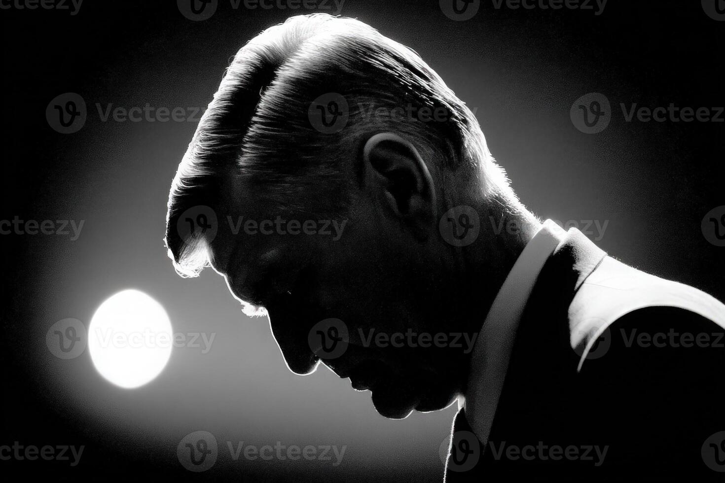 A lone figure is captured in silhouette, exuding a sense of contemplation. Soft light highlights the contours of the head and shoulders, creating a striking contrast against the dark background. photo