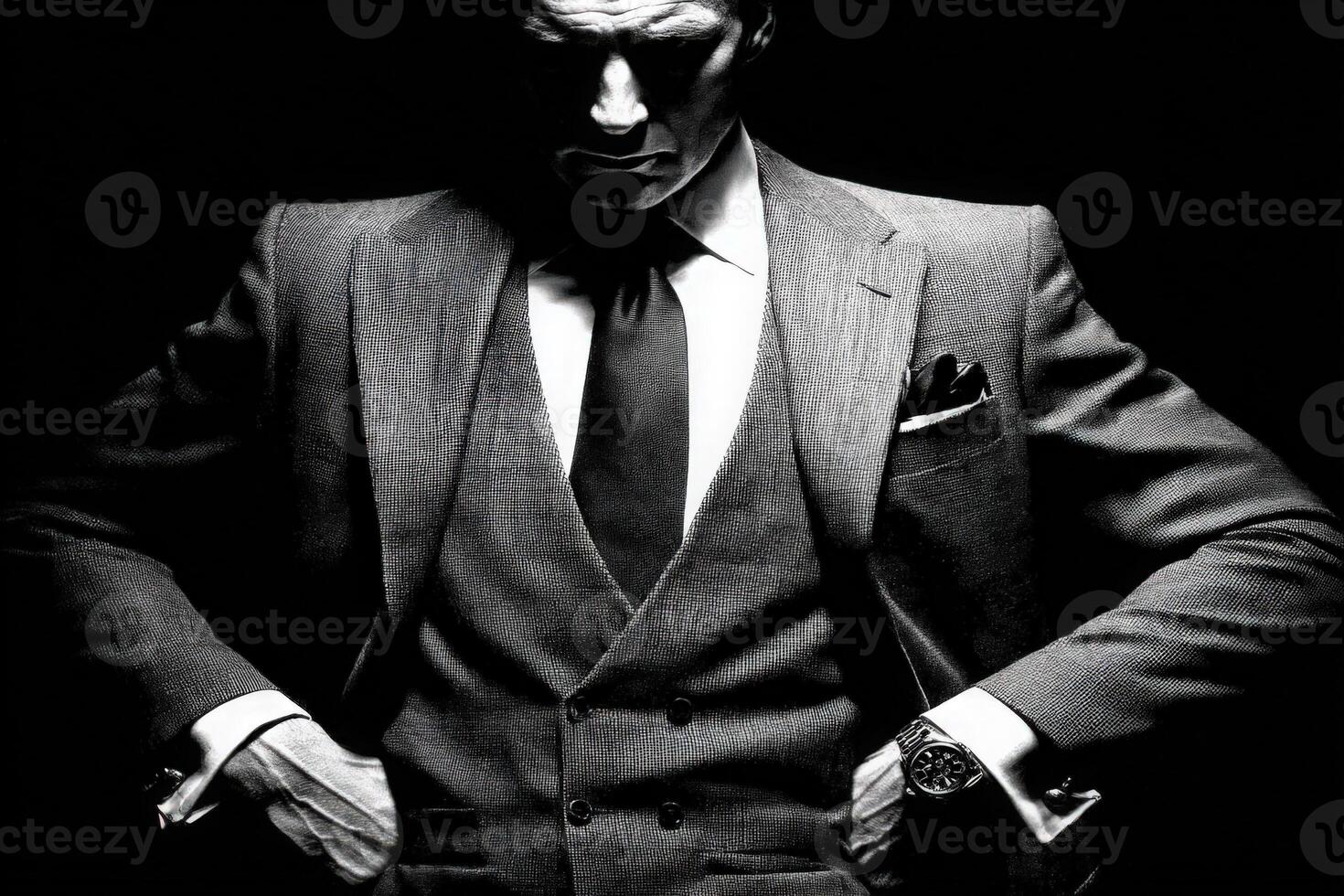 A distinguished man in a perfectly tailored suit stands with his hands on his hips, projecting an air of confidence and sophistication. photo