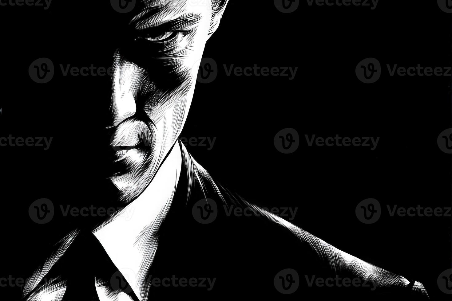 A man in a dark suit stands partially in shadow, showcasing a serious expression. The focus is on his intense eyes and sharp facial features, creating an air of mystery. photo