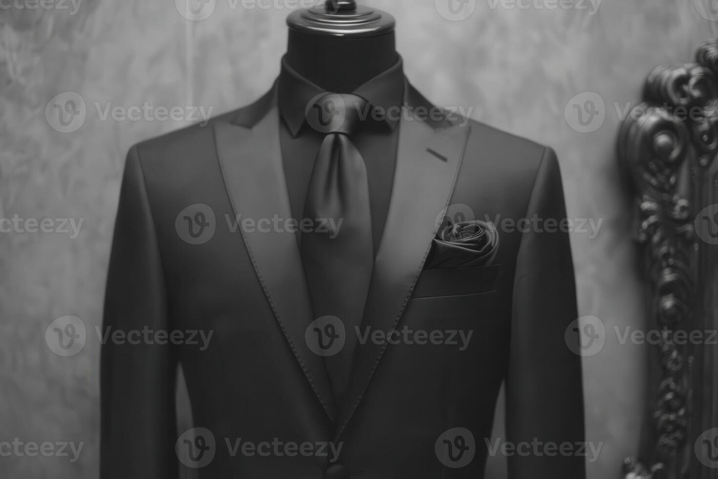 A stylish black suit and tie are elegantly showcased on a mannequin in a tailor shop. The sophisticated attire highlights meticulous craftsmanship, set against a textured background. photo