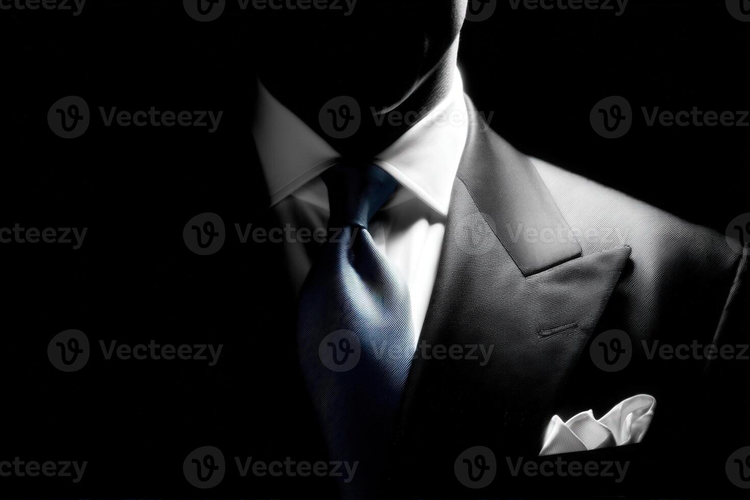 Formal attire showcases a finely tailored suit with a crisp white pocket square and a light blue tie. The dark background emphasizes the elegance and sophistication of the clothing. photo