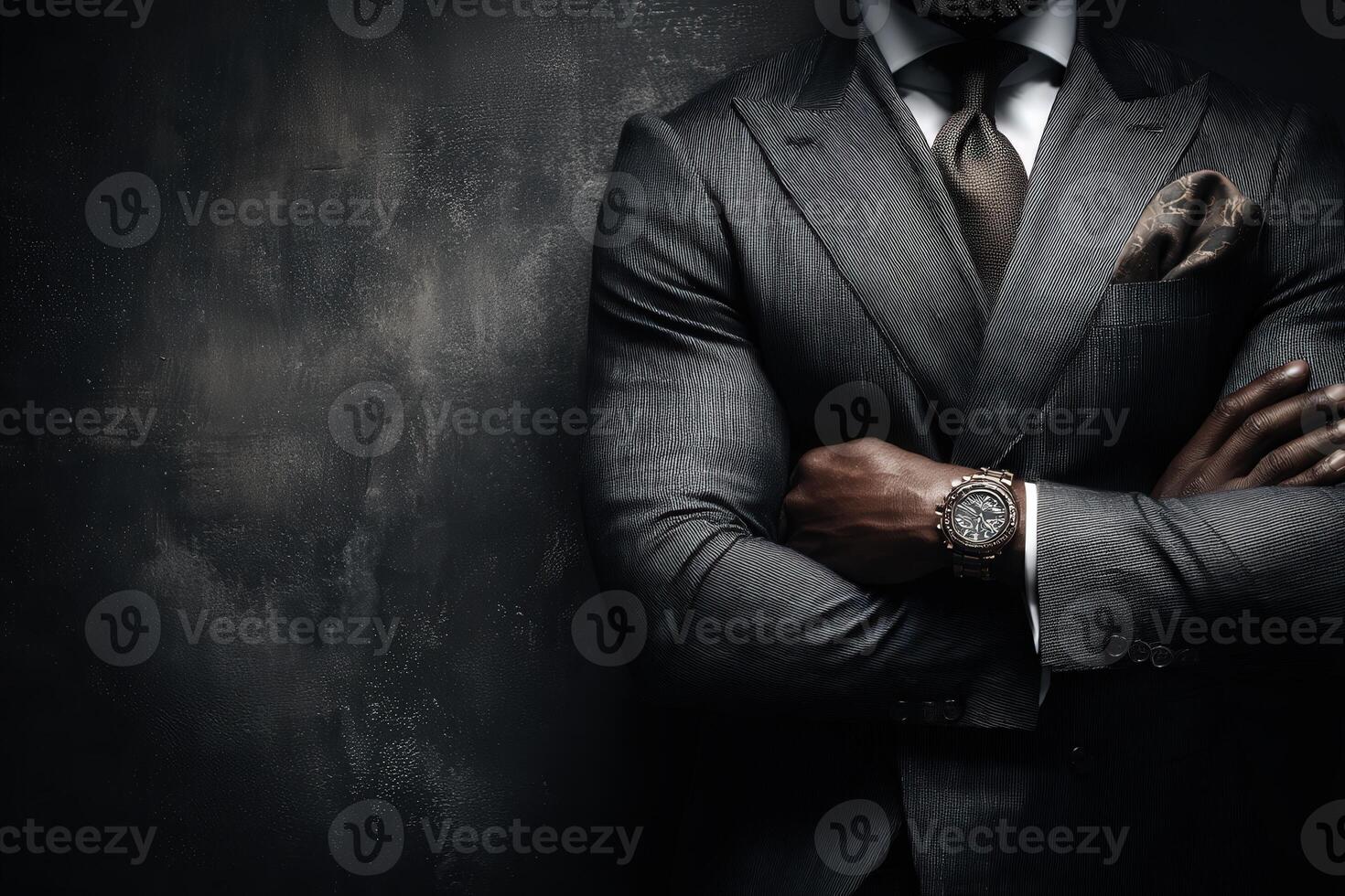 A well-dressed man stands with arms crossed, showcasing a tailored suit, elegant watch, and confident demeanor. The dark background emphasizes his serious expression and sophisticated style. photo