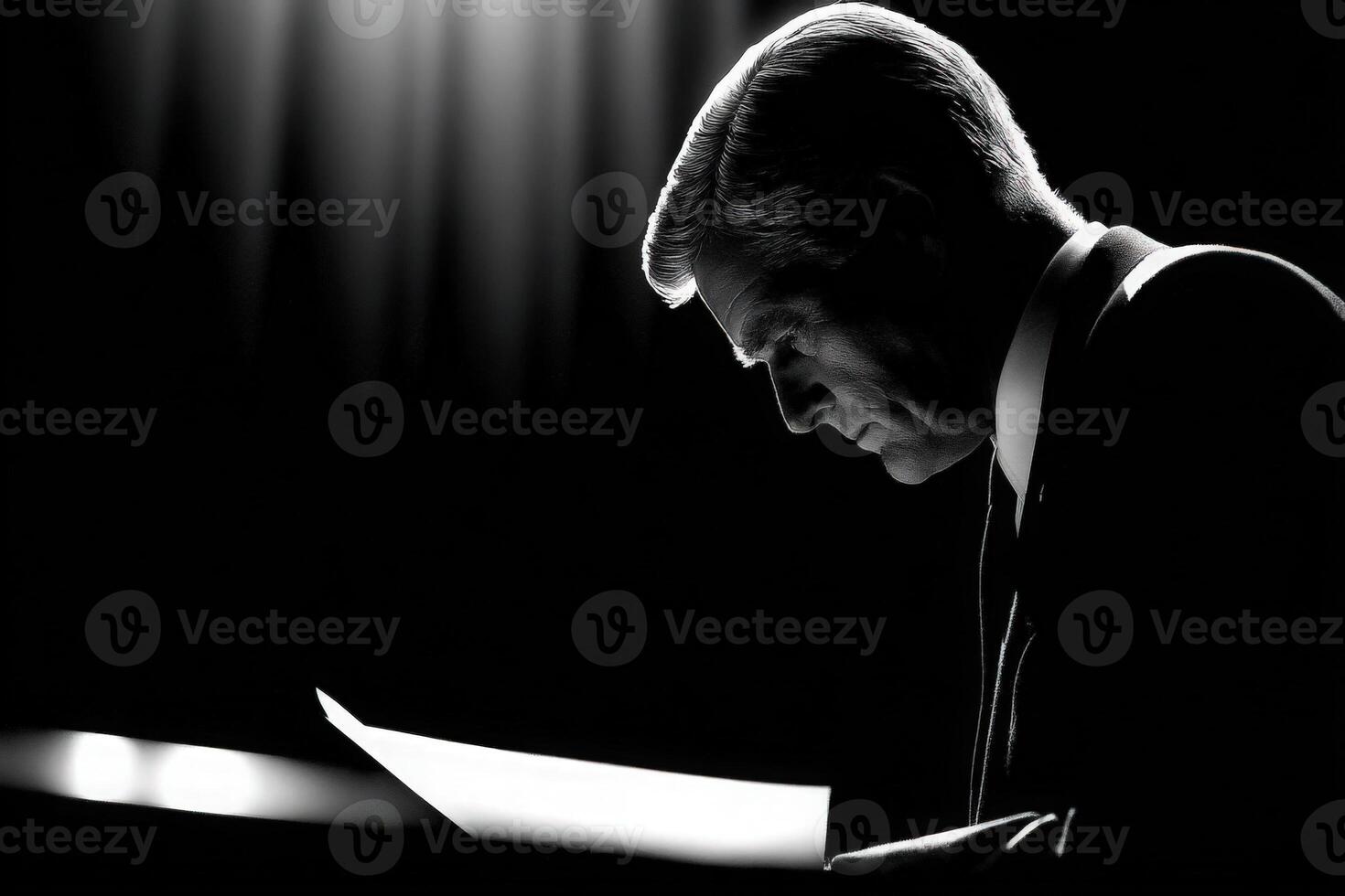 A man is focused on reading a sheet of paper, illuminated by soft lighting. The setting conveys a sense of contemplation and seriousness, highlighting his profile against a dark background. photo