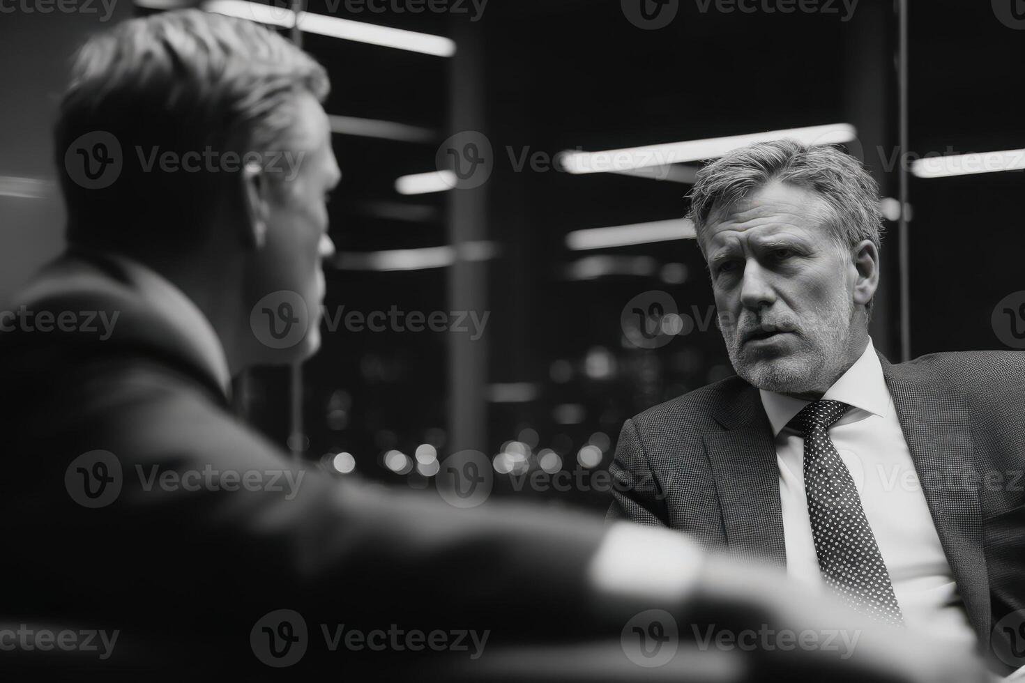 Two men in suits engage in a serious discussion within a sleek office. The city lights glow in the background, emphasizing the professional atmosphere and late hour. photo