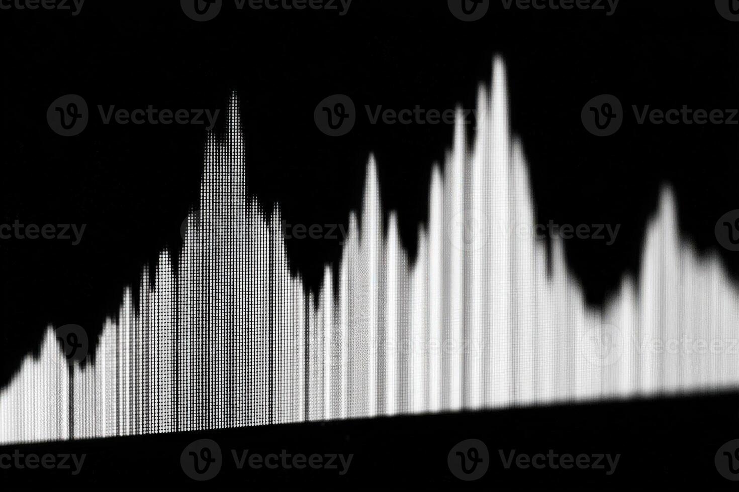 A series of vertical bars rise and fall to represent sound frequencies on a dark background. photo