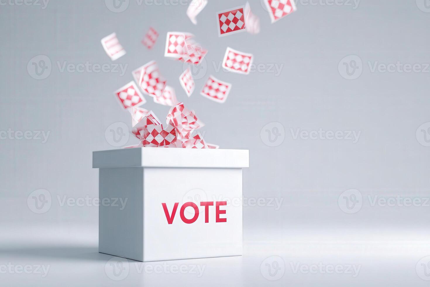 Small pieces of paper with checkered designs are being dropped into a white ballot box labeled VOTE. This scene represents participation in democratic elections and civic duty. photo
