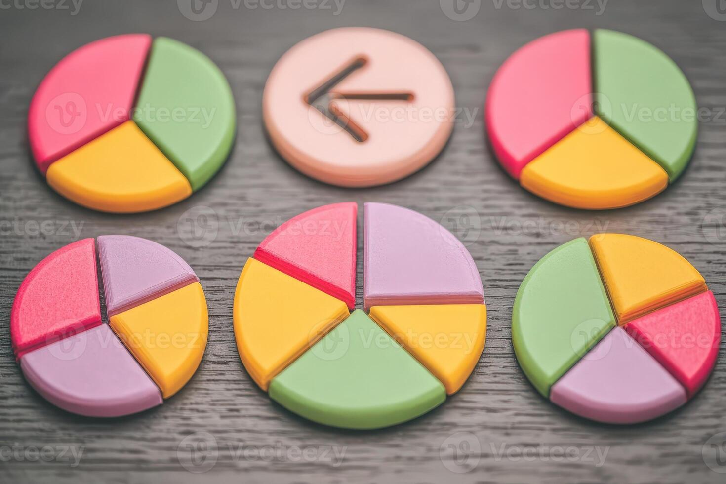 Brightly colored pie charts in green, yellow, pink, and purple are set on a wooden table. These tools aid in teaching fractions or math concepts, ideal for educational activities or games. photo
