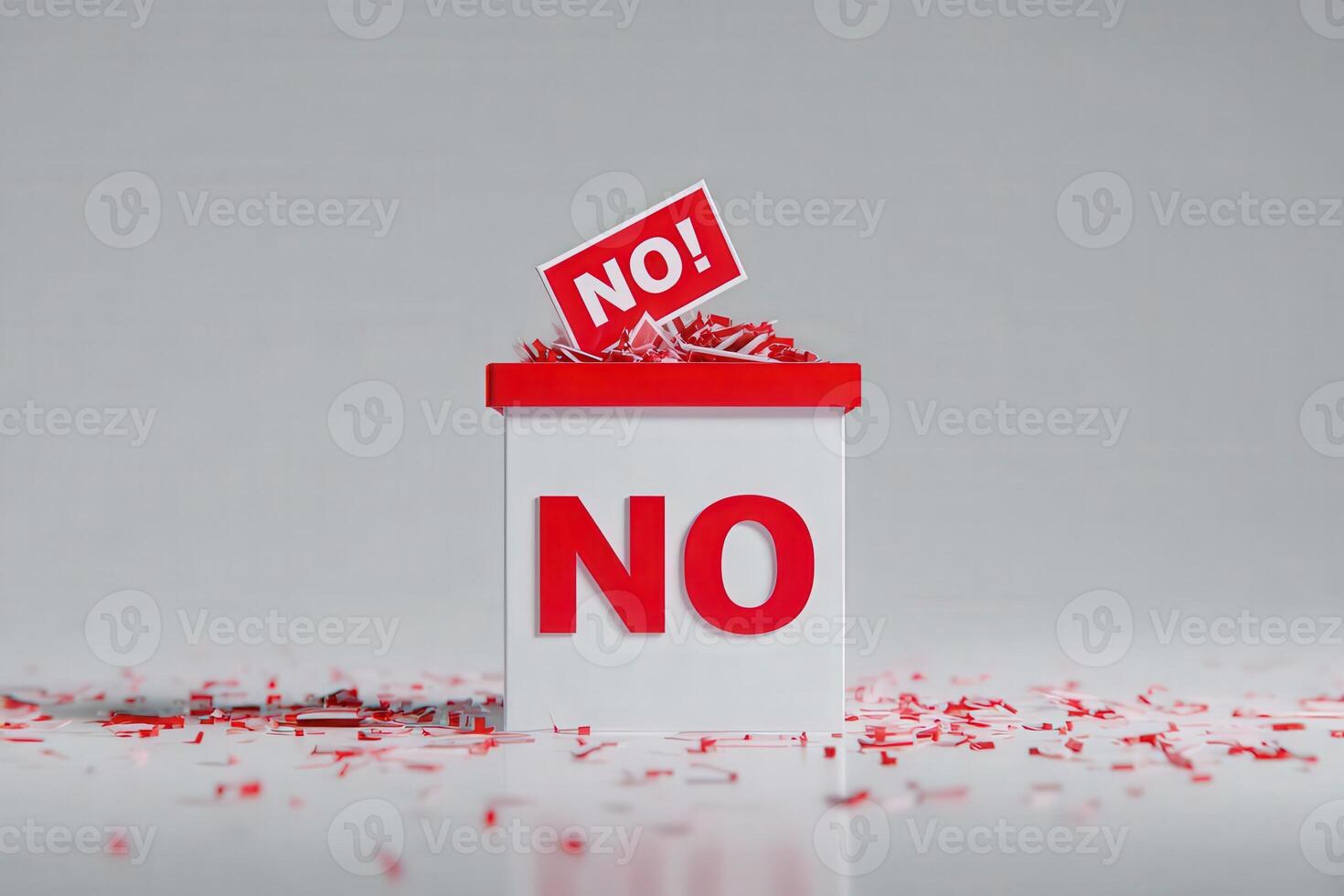 A voting box prominently displays the word NO, surrounded by red shredded paper. A card marked NO is being inserted, highlighting strong dissent during the election process. photo