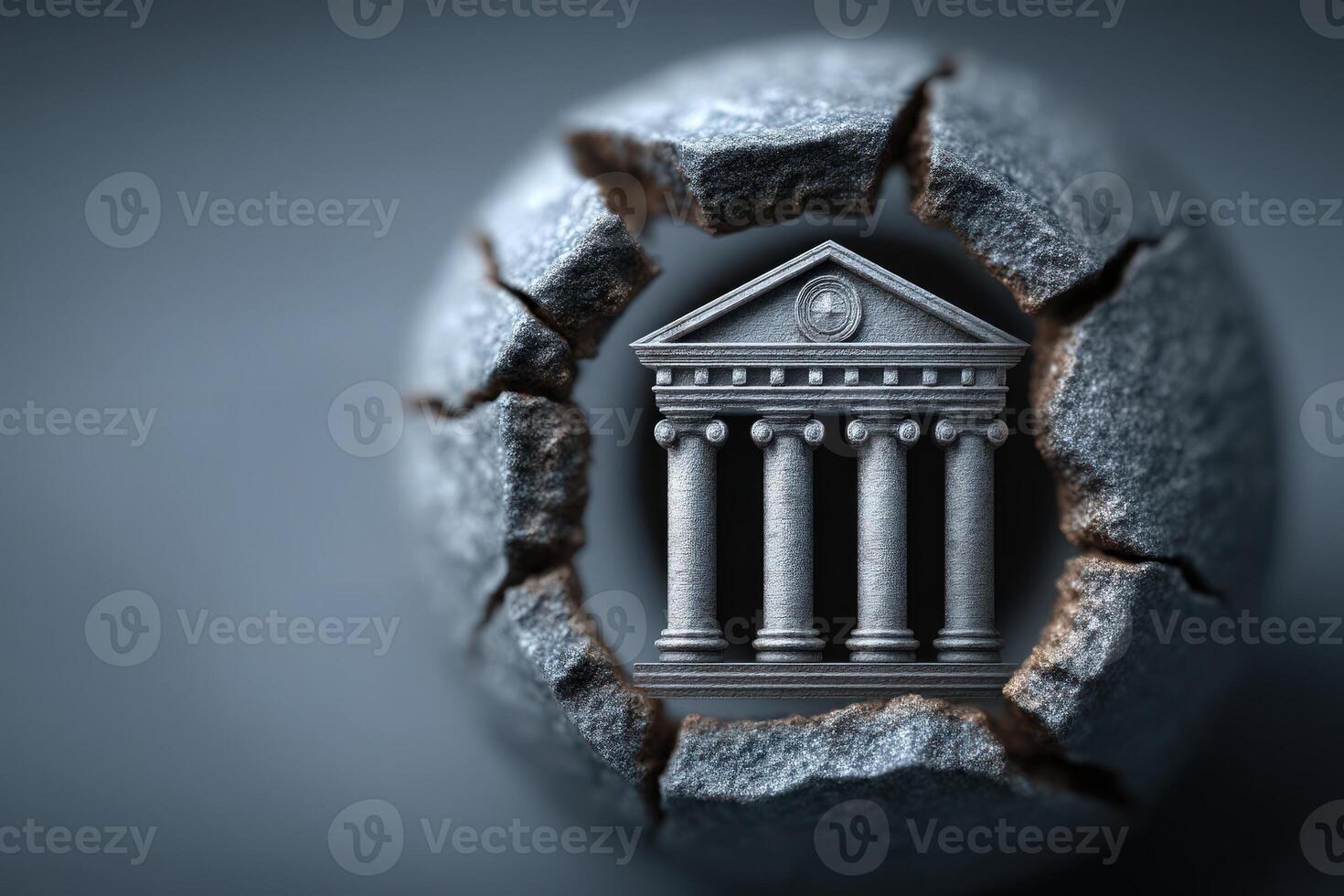 A detailed representation of a classical building featuring tall columns and a triangular pediment breaks through a cracked stone surface. The artwork conveys themes of endurance and stability. photo
