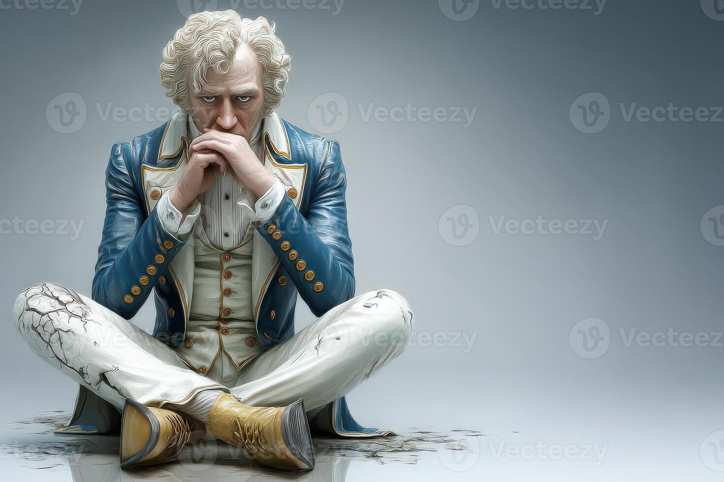 A man with white hair is seated on a cracked surface, deep in thought. He is wearing a striking blue coat with golden buttons and light-colored trousers. photo