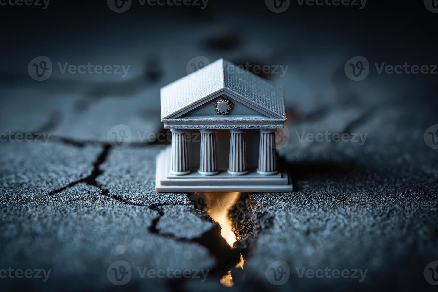 A small model of a classical building rests on cracked asphalt. A warm glow shines from the cracks, creating a dramatic contrast against the dark surroundings and enhancing the architectural details. photo