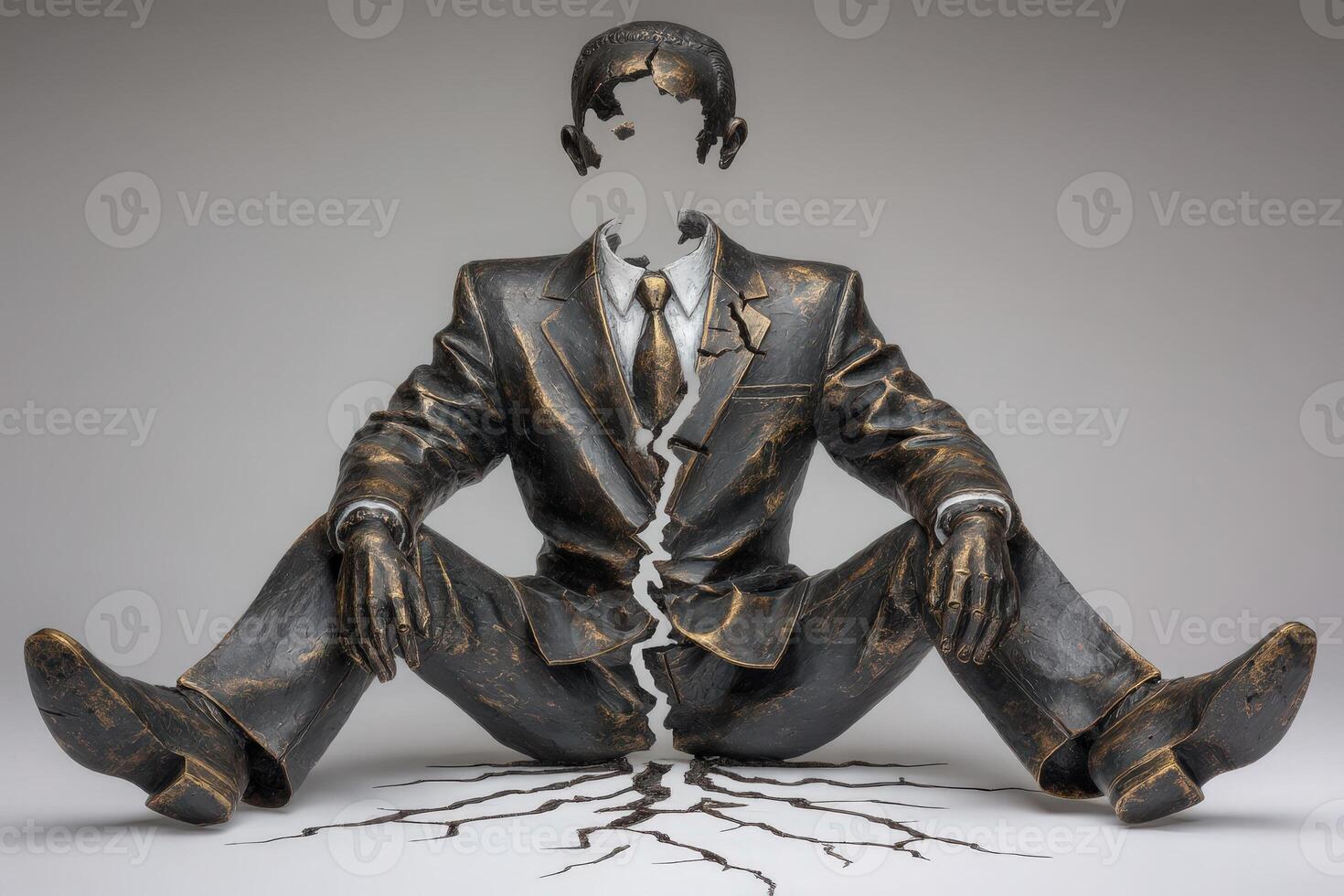 A stylized sculpture depicts a man in a suit seated with a cracked exterior, symbolizing the internal conflict of identity and societal expectations in todays world. photo