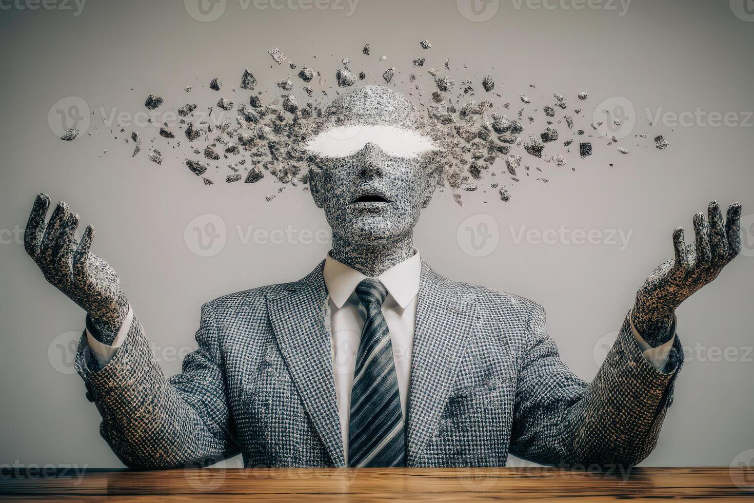An imaginative representation showcases a suited figure with a disintegrating head, surrounded by floating debris. The setting is minimalistic, emphasizing the surreal concept of mental overload. photo
