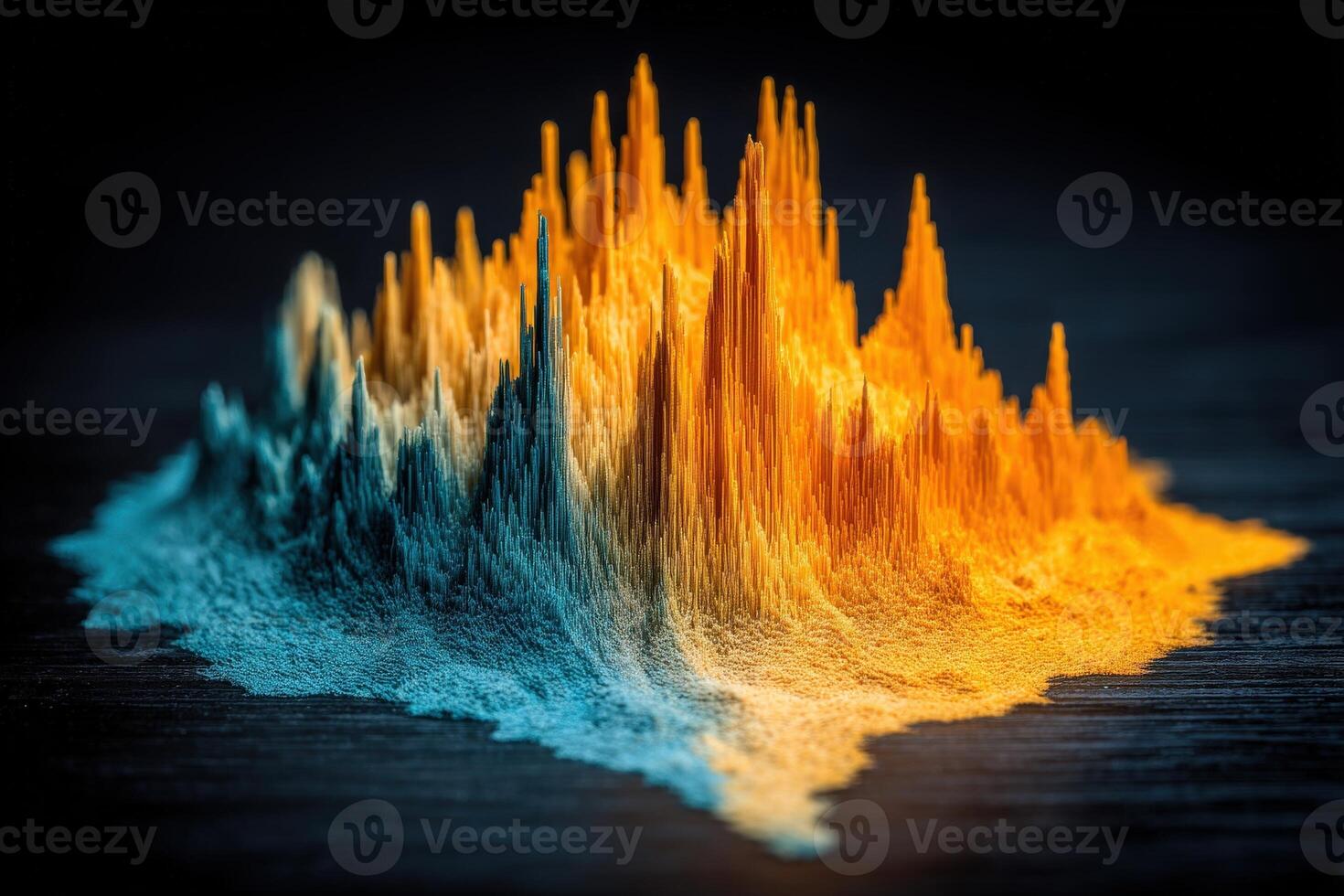 A vibrant display of fine powder arranged in a mountain-like structure, showcasing a gradient of colors from blue to orange. The intricate details highlight the texture and depth of the formation. photo