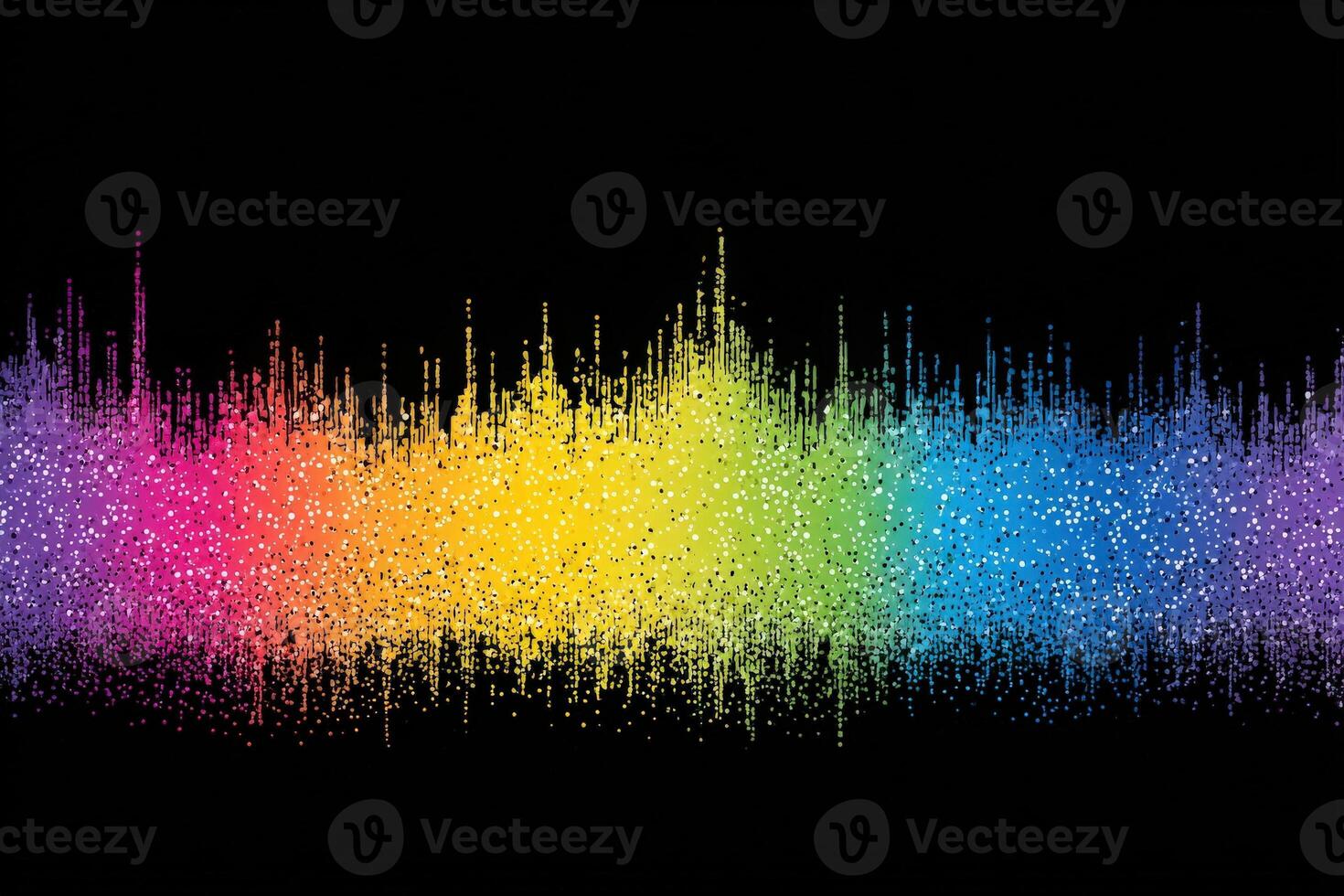 A vibrant and colorful sound wave displays audio frequencies with peaks and valleys in a spectrum of red, orange, yellow, green, blue, and purple colors against a black background. photo