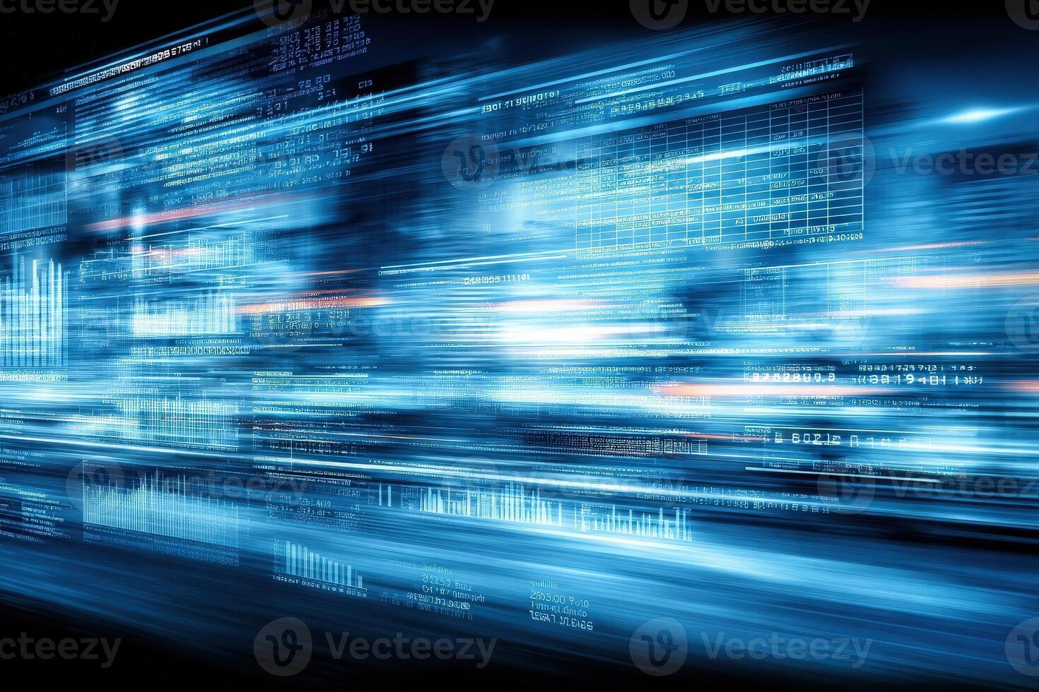 Bright blue lines and graphs convey rapid information flow in a futuristic digital landscape, reflecting data analytics and technology advancements. photo