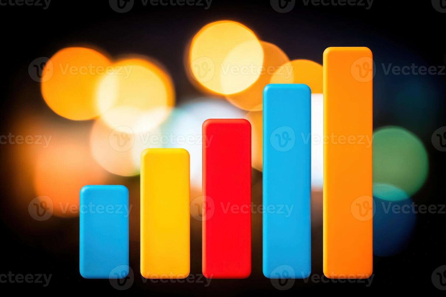 A bar graph displays data progression with bars in blue, red, yellow, and orange on a dark backdrop. Bokeh lights create a lively atmosphere, enhancing the visual impact of the growth representation. photo