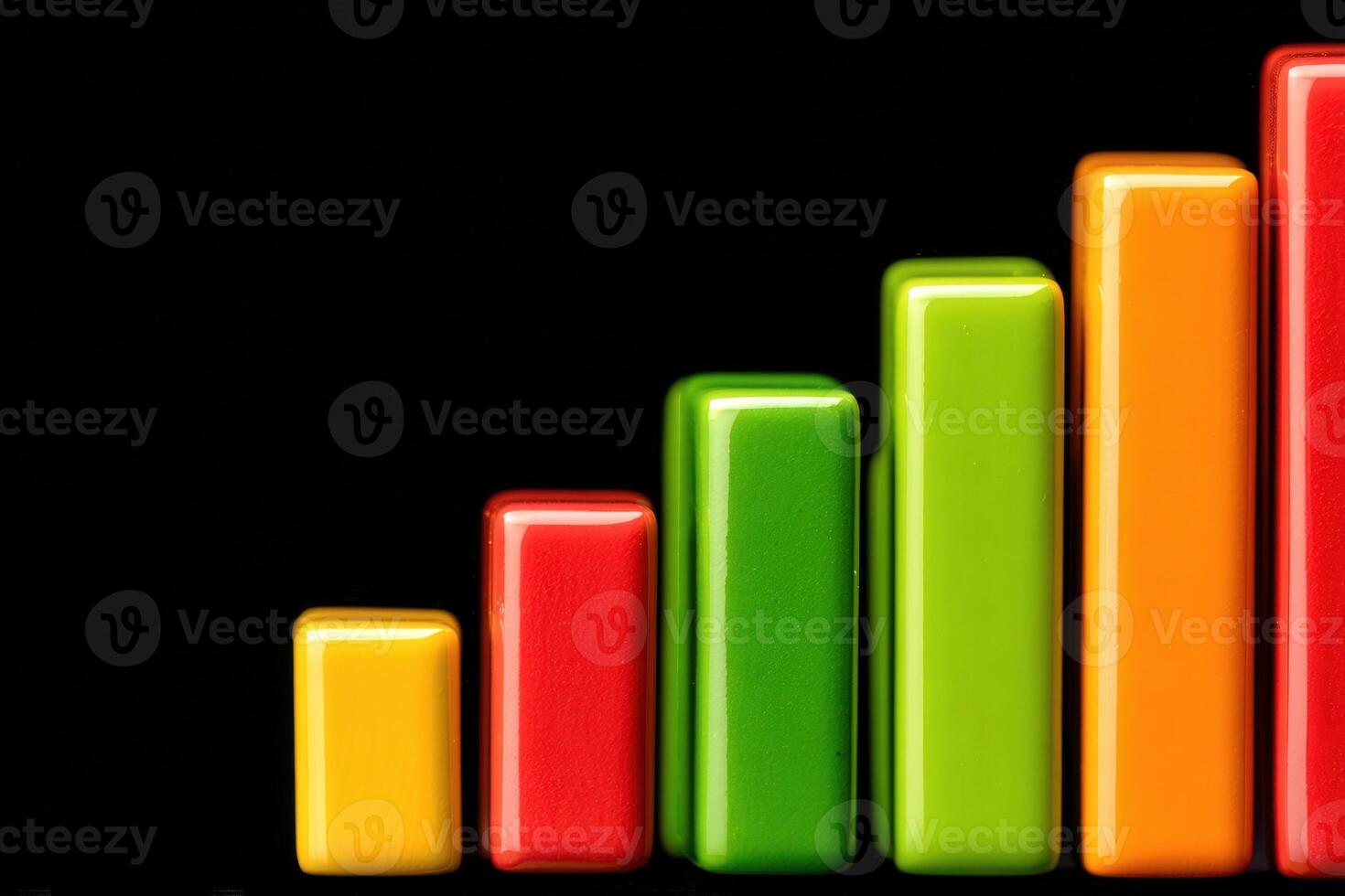 Vibrant bars in yellow, red, green, and orange display a gradual increase in value. The sleek and shiny surface of the bars enhances the visual appeal, set against a black background. photo