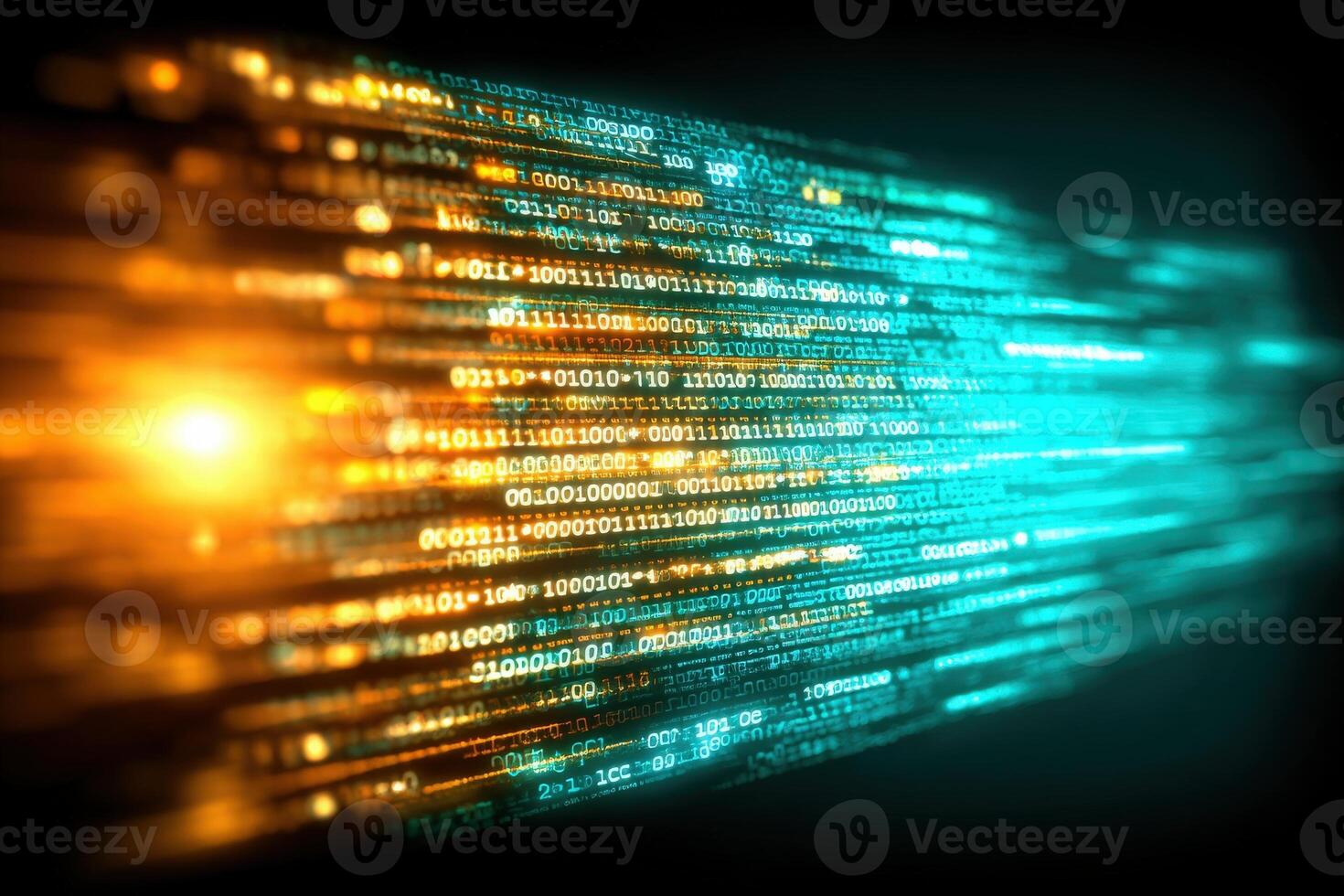Bright blue and orange binary numbers flow dynamically toward the viewer, creating a sense of movement. photo