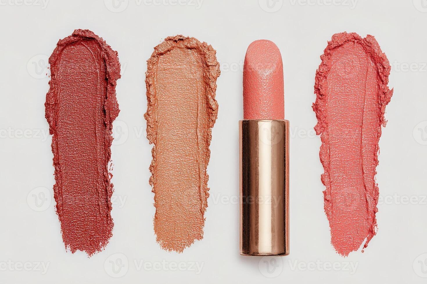 Three different lip colors are displayed with a lipstick in the center. The shades range from deep red to soft pink, showcasing a variety of textures and finishes, highlighting beauty options. photo