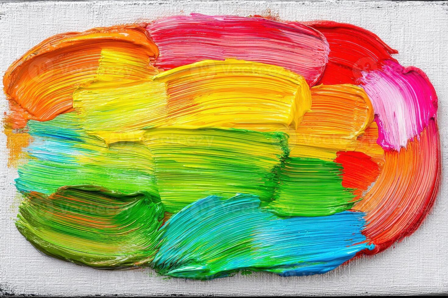 A dynamic display of paint strokes in an array of bright colors. The artwork features sweeping brush strokes blending hues of red, orange, yellow, green, blue, and pink on a textured canvas. photo