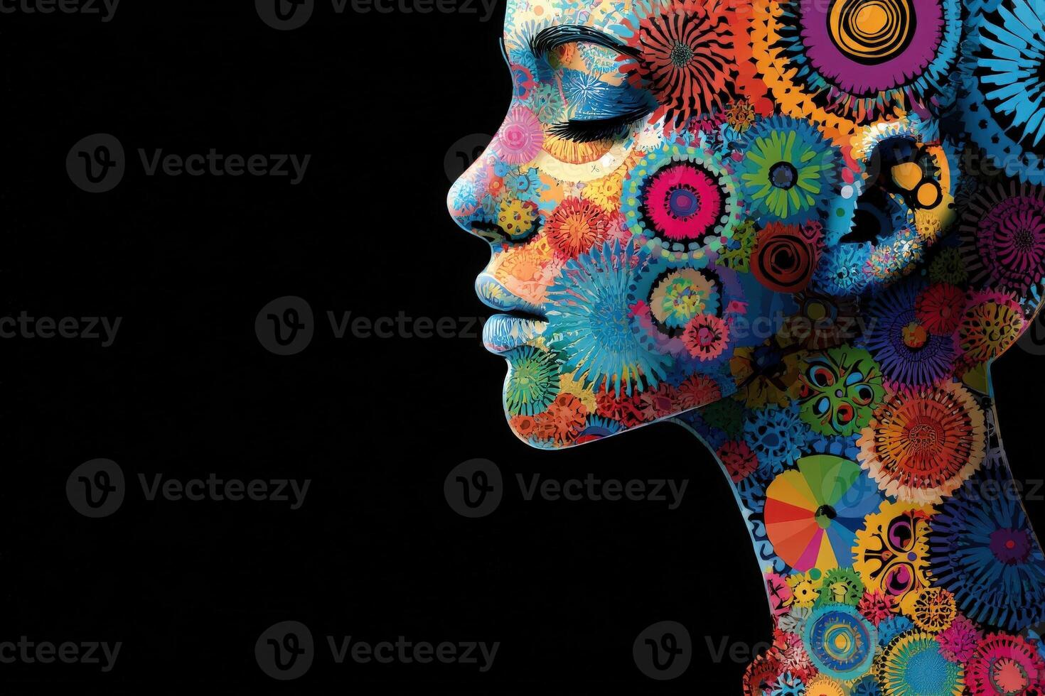 A striking profile of a woman adorned with a vibrant mix of abstract shapes and geometric patterns. photo