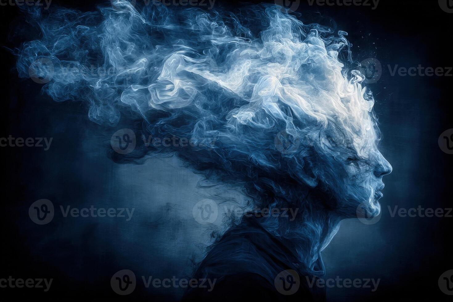 A surreal portrayal of a human head emitting swirling smoke-like thoughts, creating an imaginative scene. photo
