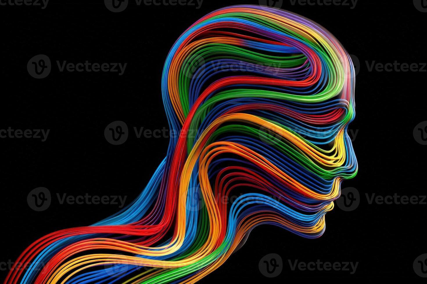 This artwork features a human head silhouette made up of vibrant, flowing lines in multiple colors. The intricate design showcases the dynamic movement of colors against a dark background. photo