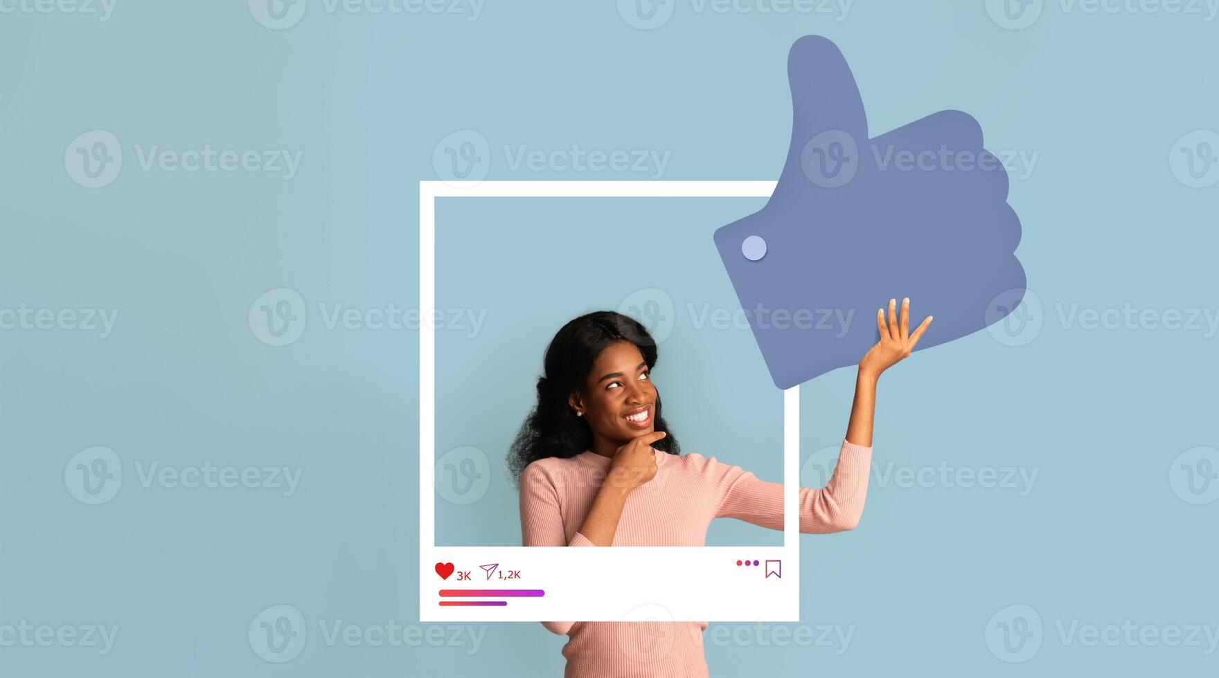 A woman poses confidently while interacting with a social media frame. photo