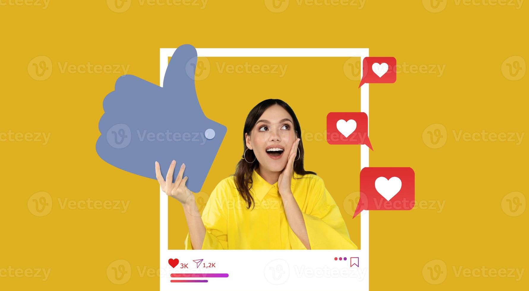 A cheerful influencer in a bright yellow top expresses excitement as they interact with online reactions. The backdrop features social media elements, highlighting digital engagement. photo