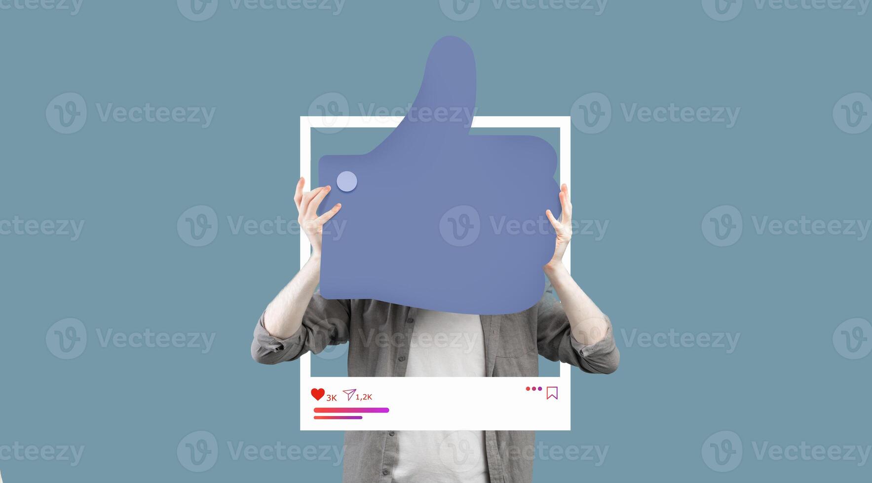 A person holds a large thumbs up symbol in front of a stylized social media frame, reflecting an online presence. This collage highlights engagement in content creation and influencer culture. photo
