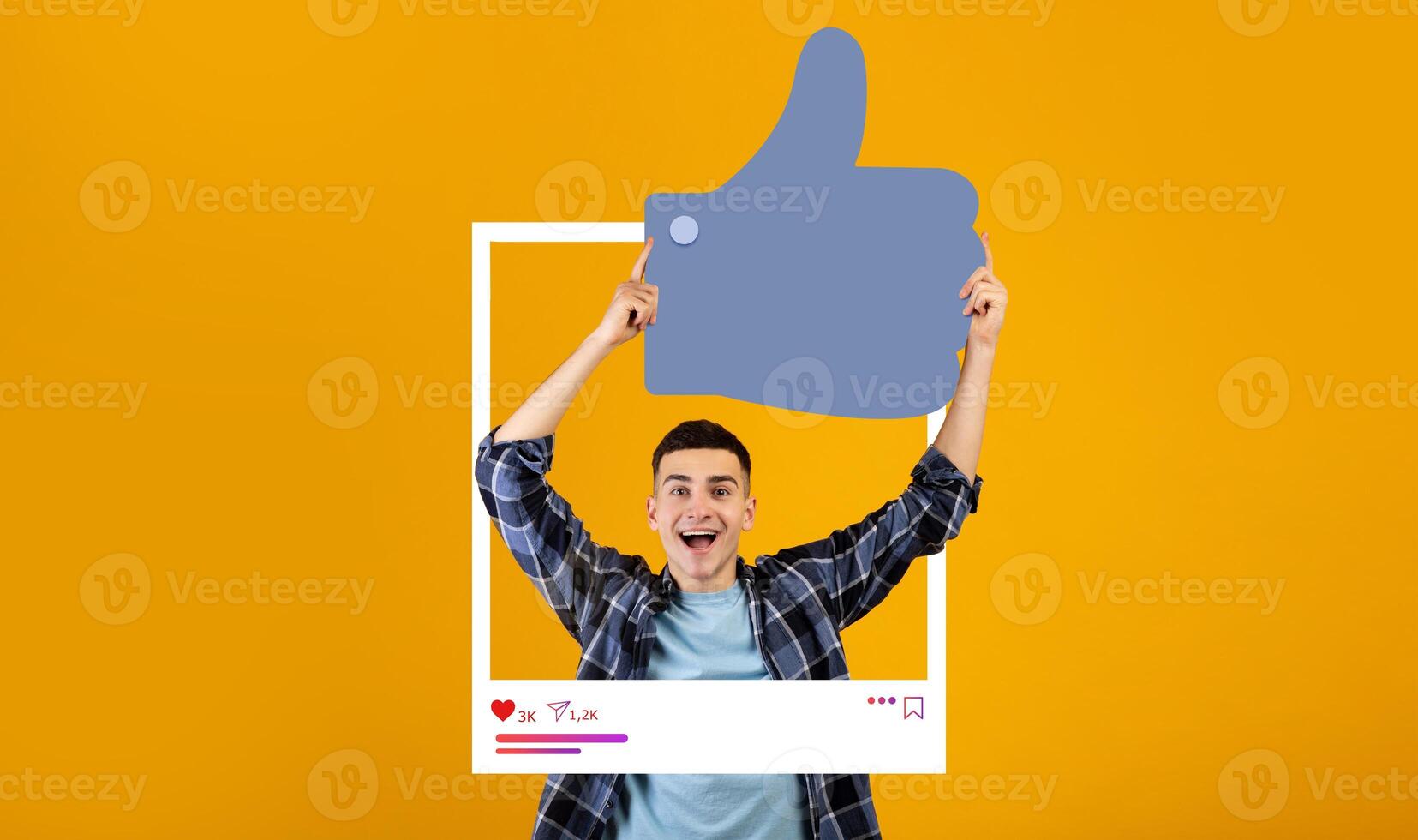 A young person smiles widely while holding a large thumbs up symbol in front of a vibrant yellow background. Their excitement reflects positive engagement on social media platforms. photo