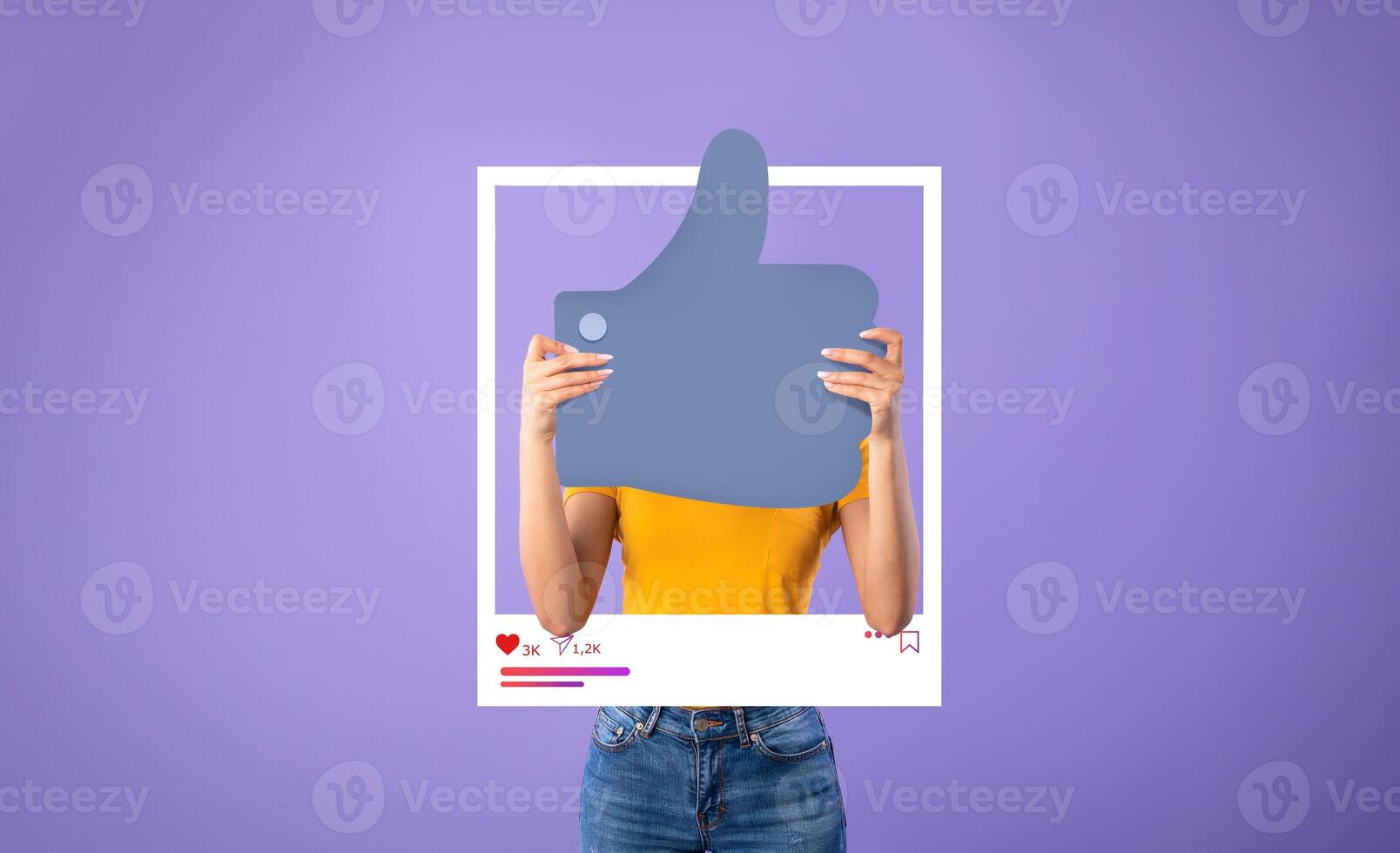 A person is holding a large thumbs up symbol in front of a bright purple background. They wear a casual outfit, exuding a positive vibe that resonates with online influencers and bloggers. photo
