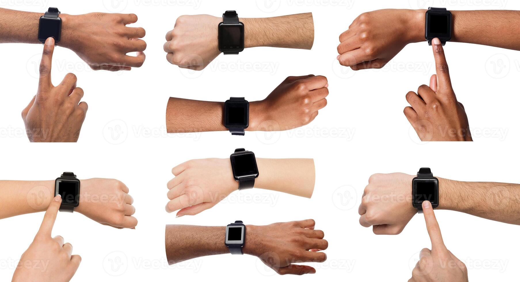 Set of diverse hands using and pointing on smart watch, isolated on white background, copy space photo