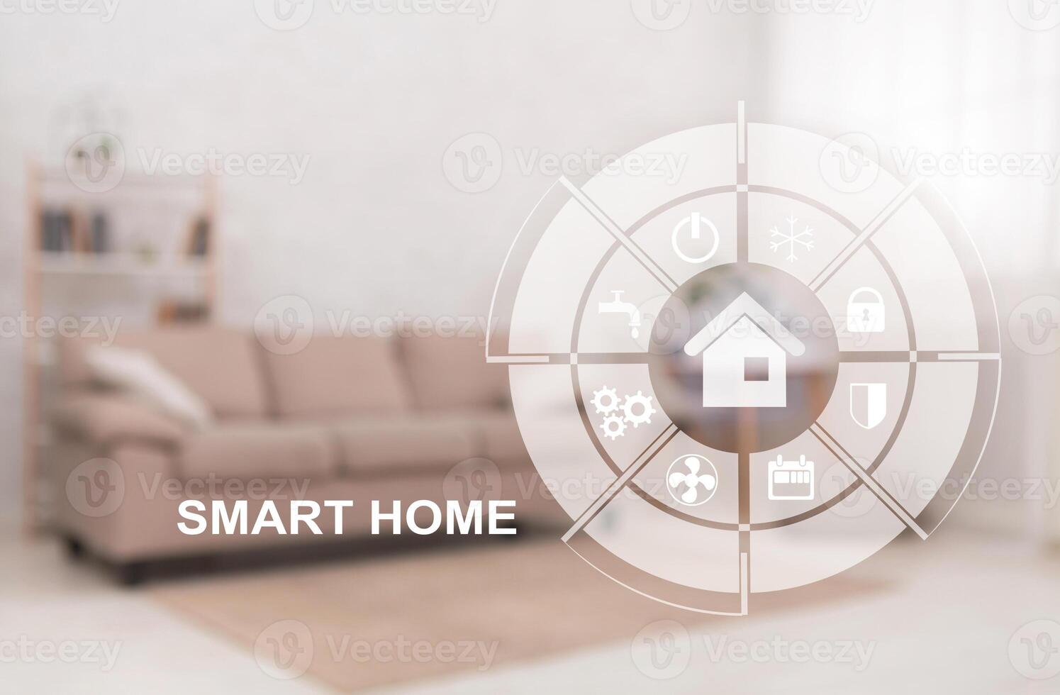 Double exposure of living room interior and smart home control panel with icons on virtual screen, creative collage photo
