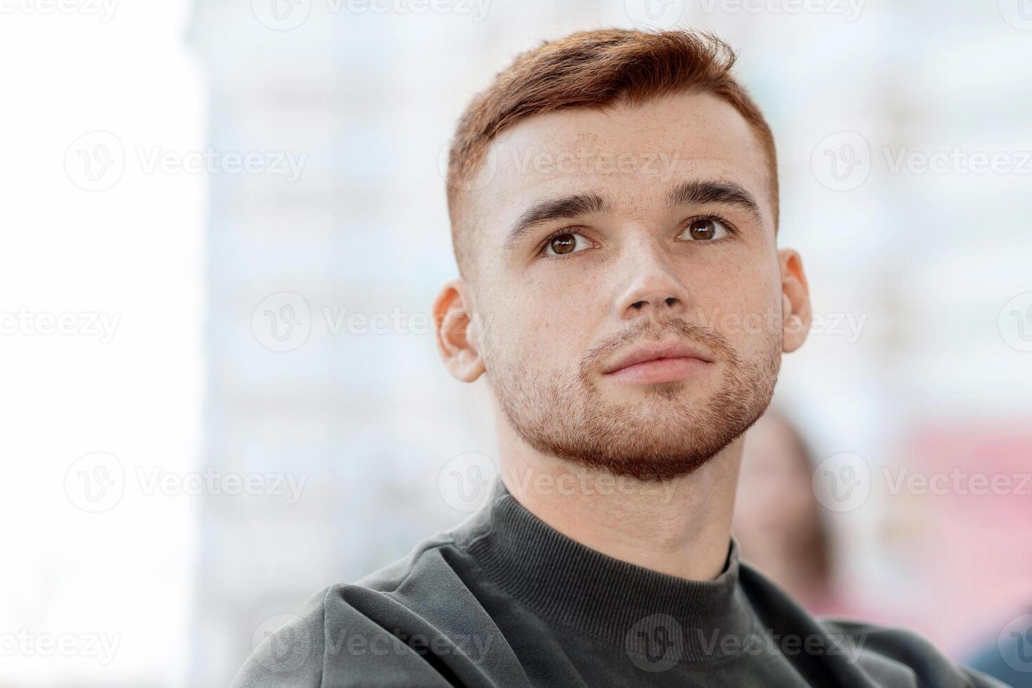 Closeup of caucasian guy leader guiding international group of protestors, multiracial millennial people holding placards and chanting slogans against animal abuse and pollution, copy space, panorama photo