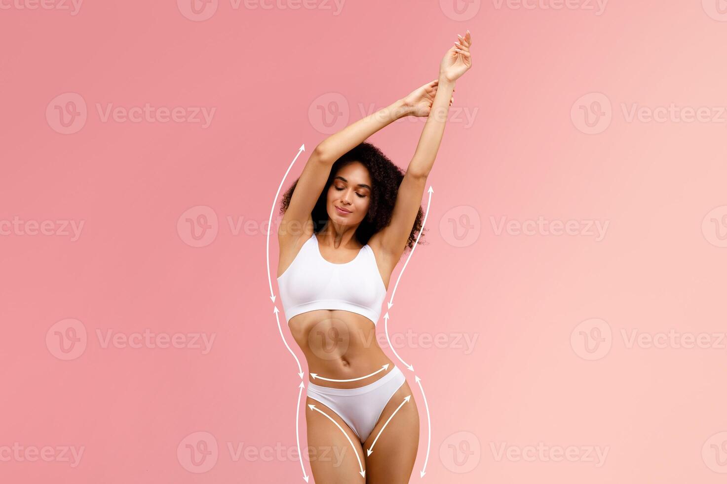 Bodycare and sculpting concept. Slim young black lady in white top bra and panties with drawn lifting up lines on fit figure standing with raised arms on pink background, collage photo