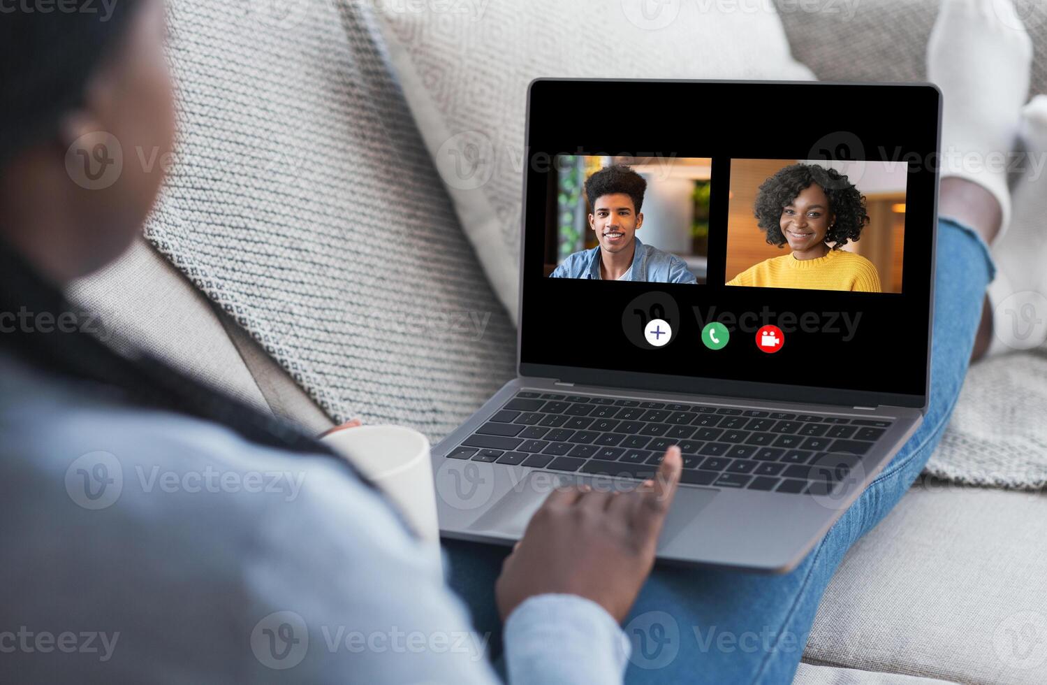 Group Chat. African American Woman Having Online Conference Call On Laptop With Friends, Communicating In Internet During Quarantine Isolation photo