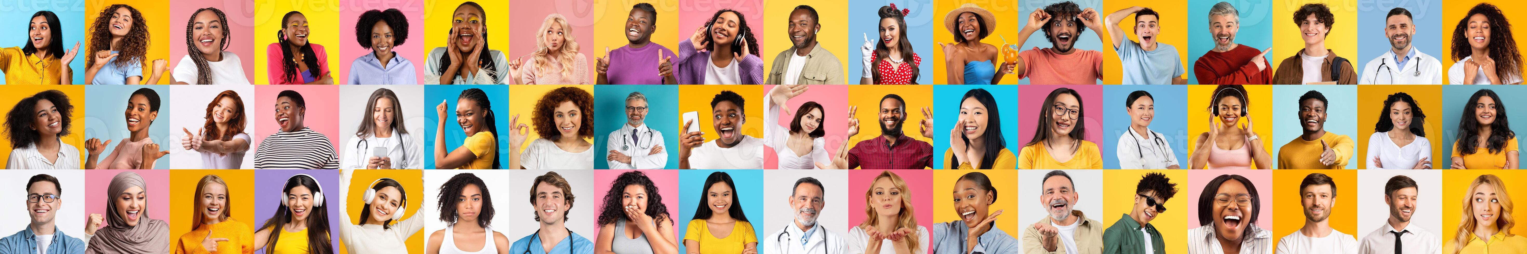 A vibrant collage showcases a collection of diverse individuals smiling and expressing joy. Their unique backgrounds illuminate the beauty of diverse lifestyles in a playful setting. photo