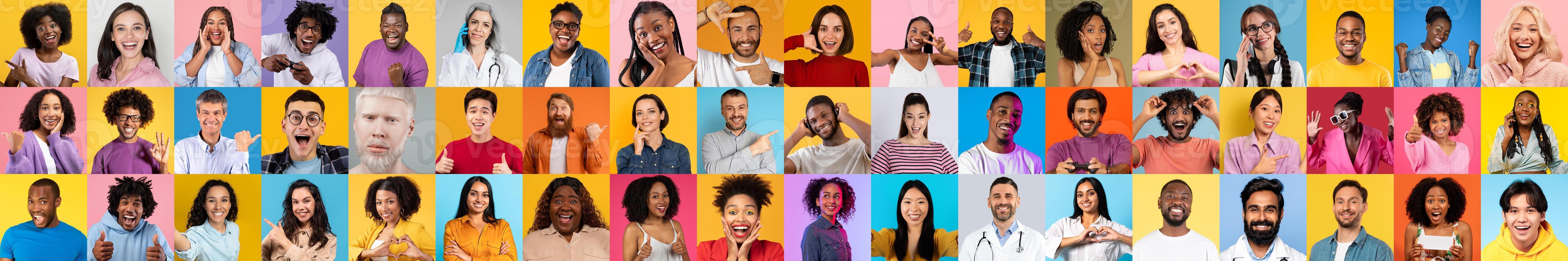 This collage features a vibrant collection of faces from different backgrounds, all displaying a range of joyful expressions against colorful backdrops, celebrating diversity and connection. photo