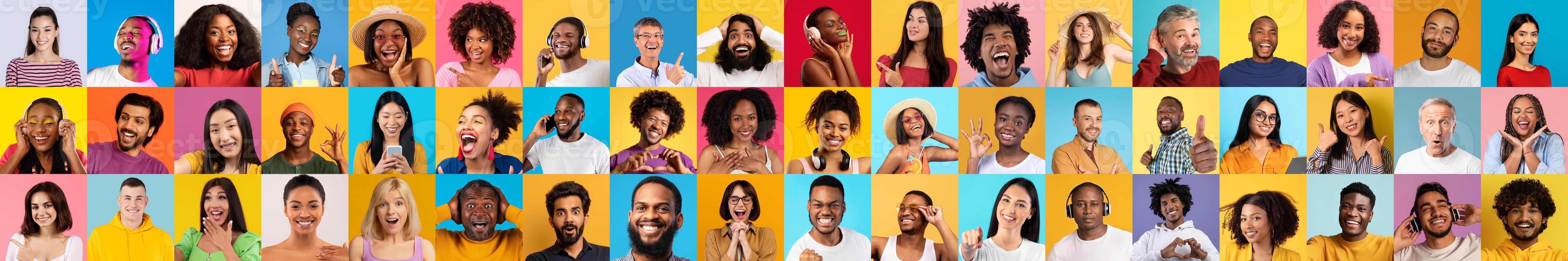 A colorful collage features diverse faces, highlighting a diverse group engaged in joyful expressions. photo