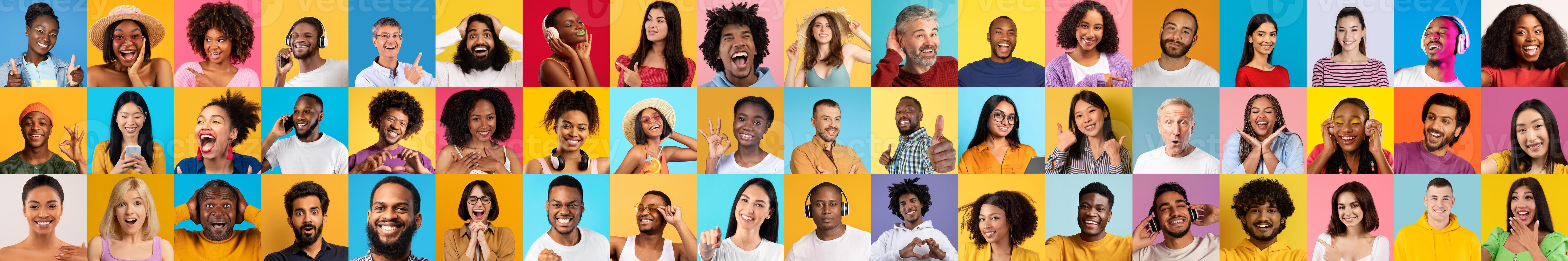This collection features diverse individuals smiling and expressing happiness. photo