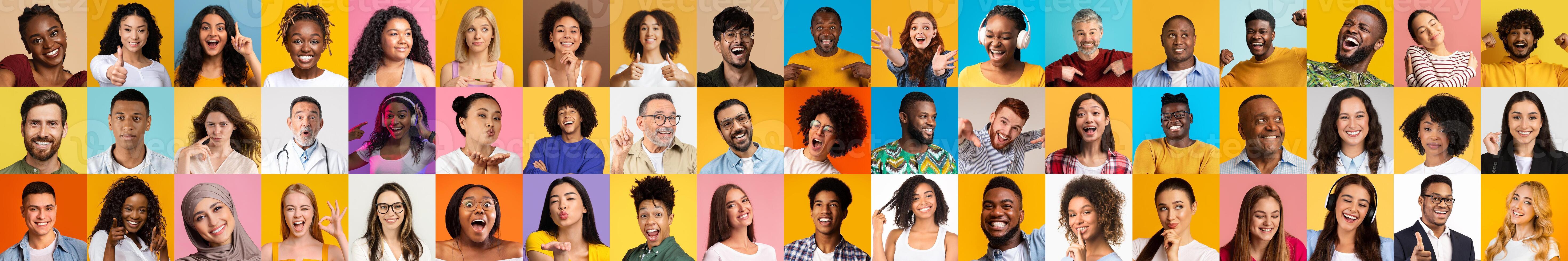 A vibrant collage showcasing a diverse group of smiling individuals representing various backgrounds. Each person exudes happiness, capturing the essence of diversity today. photo