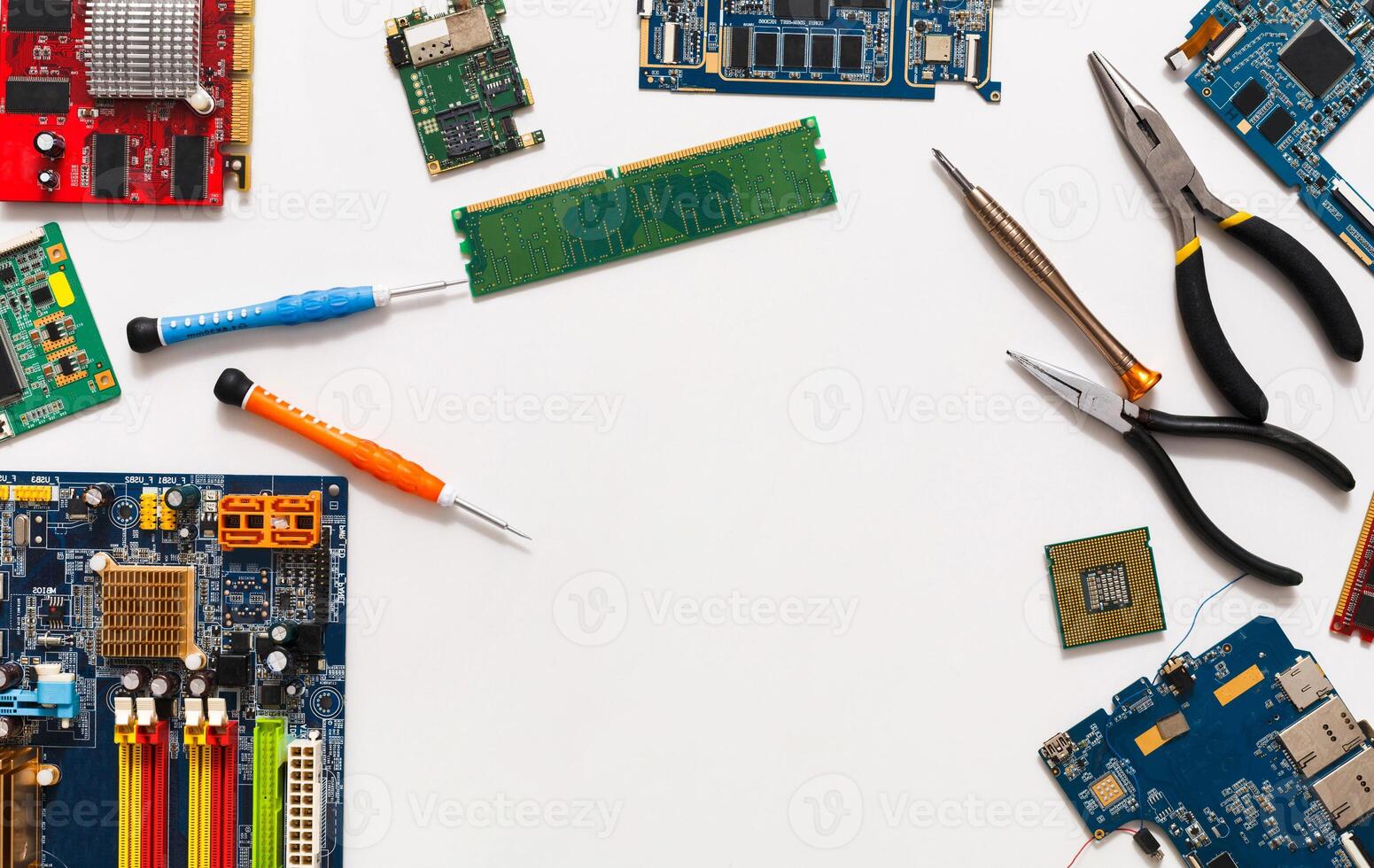 Electronics repair and upgrade background, copy space. Motherboard top view, flat lay. Technology maintenance, electronics repair shop concept photo